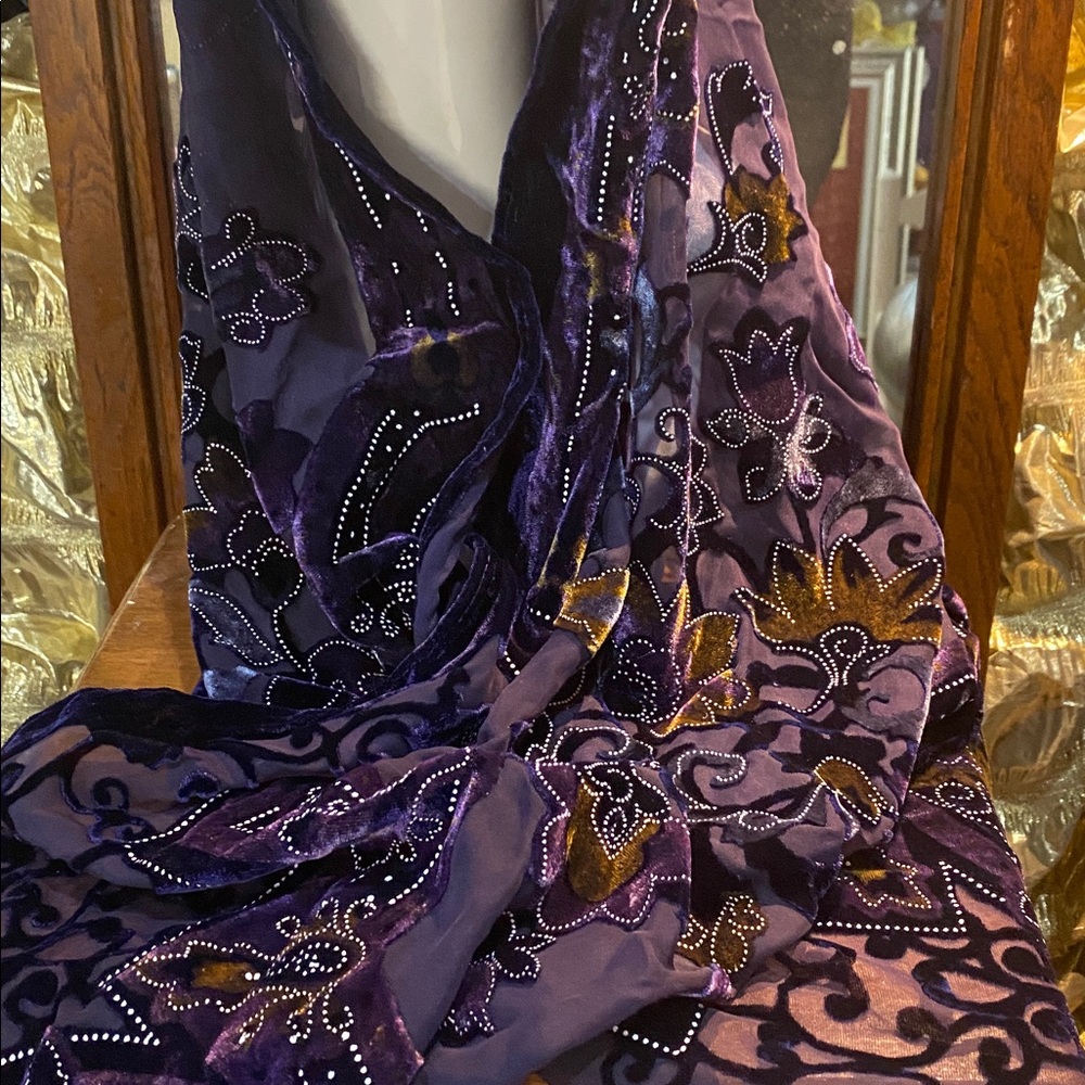 Purple Velvet Embroidered Headscarf 69 x 20 inch - Picture 7 of 7